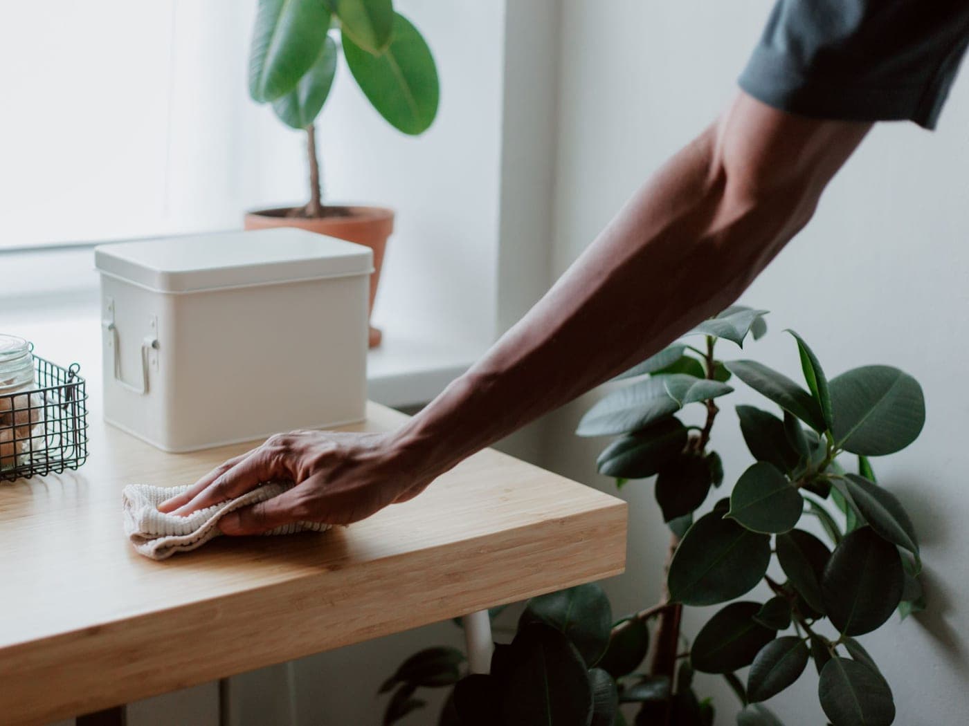 Main qui essuie une table en bois clair près d'une plante verte